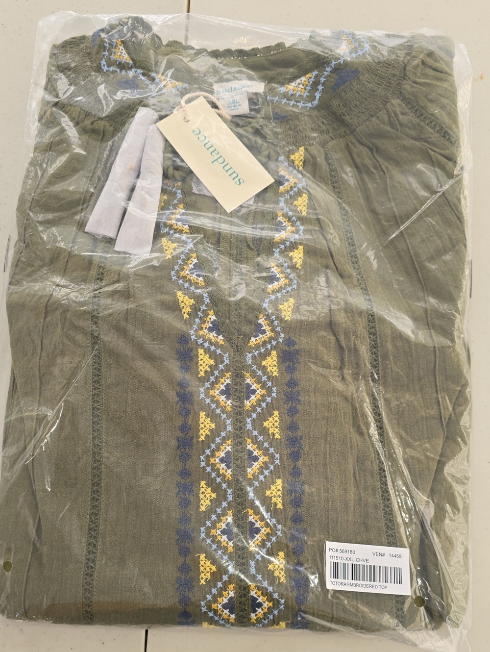 Sundance Olive Peasant Blouse with Yellow and Navy Embroidery